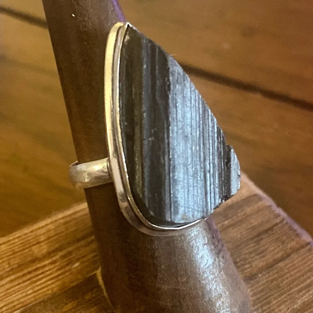 Black Tormultine Stone Ring,‎ 925 Sterling Silver Setting, Size 7.25, New